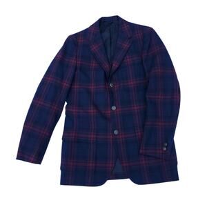 Vintage McDonogh School 100% Wool Uniform Blazer Jacket Blue Red Plaid Sz 34R